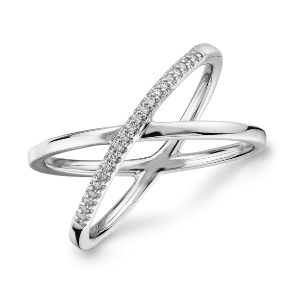 Delicate Pave Diamond Crossover Fashion Ring in 14k White Gold