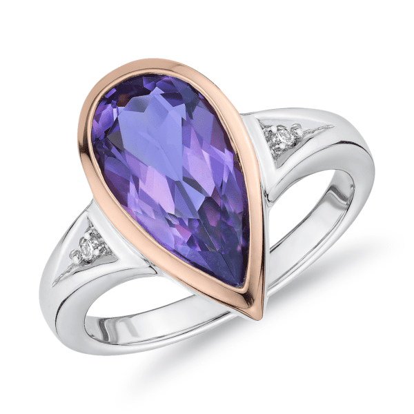 Two-Tone Pear-Shaped Amethyst and Diamond Fashion Ring in 14k Rose and White Gold (14x7mm)