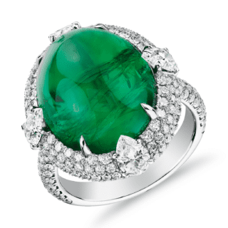 Cabochon Emerald Ring with Triple Diamond Halo and Tiger Prongs in 18k White Gold (15.24 ct. center)