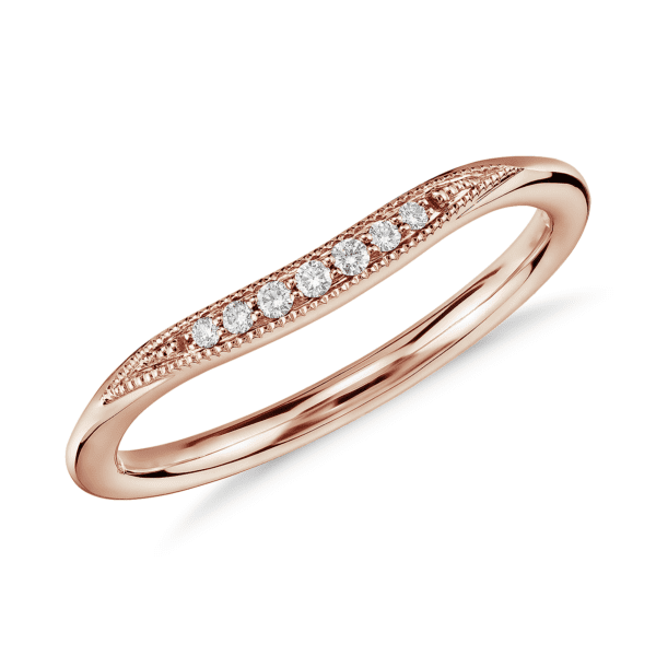Petite Milgrain Curved Diamond Ring in 14k Rose Gold