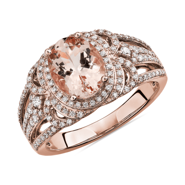 Oval Morganite Ring with Ornate Diamond Halo in 14k Rose Gold