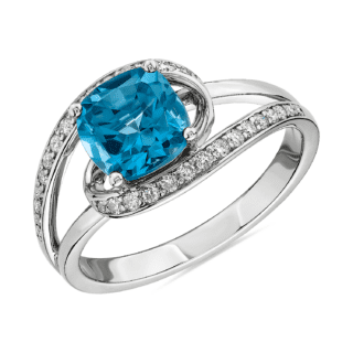 Cushion Cut Swiss Blue Topaz Ring with Twisting Halo in 14k White Gold
