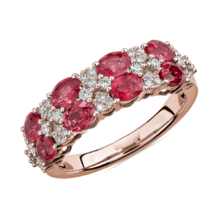 Oval Ruby & Round Diamond Double Row Ring in 14k Rose Gold