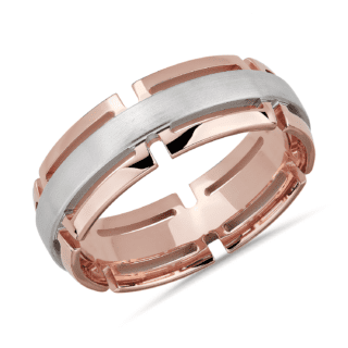 Two-Tone Modern Link Edge Wedding Ring in 14k White and Rose Gold (7mm)