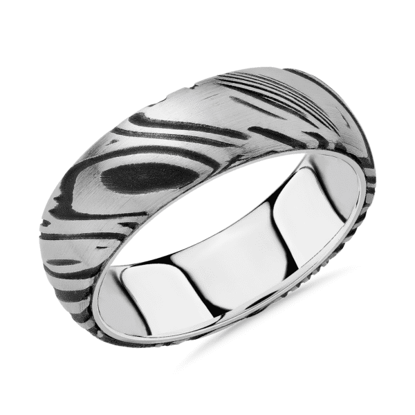 Edge to Edge Damascus Wedding Ring in White Tungsten Carbide