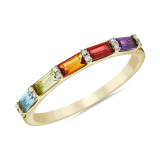 Dark Multi Rainbow Gemstone and Diamond Ring in 14k Yellow Gold