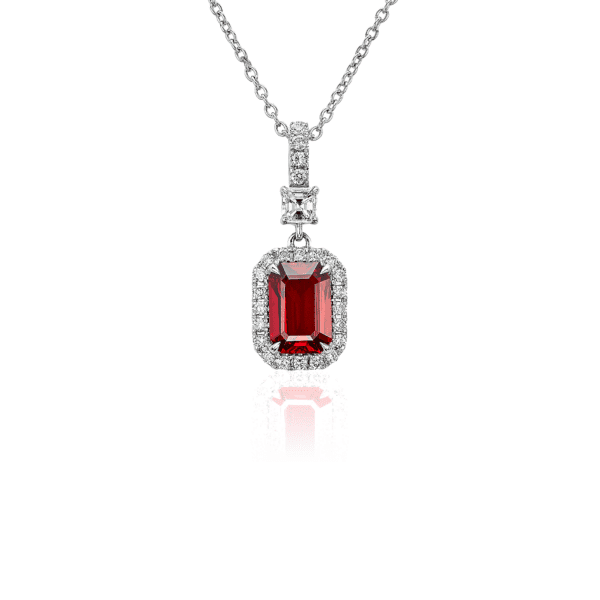 Emerald Cut Ruby and Diamond Drop Pendant in 18K White Gold (1.48 ct.tw.)