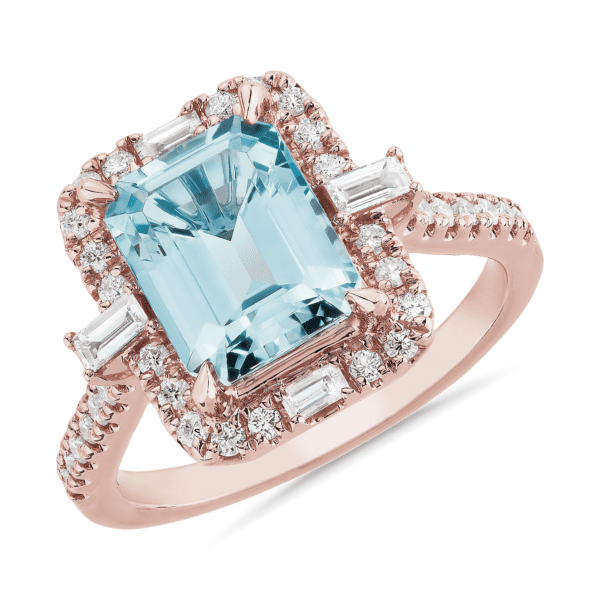 Emerald Cut Aquamarine Fashion Ring in 14k Rose Gold (9x7mm)