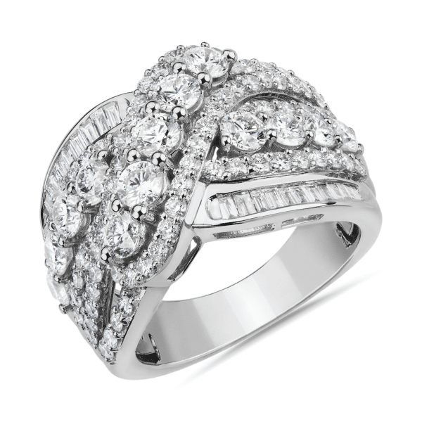 Round and Baguette Crossover Fashion Ring in 14k White Gold (3 ct. tw.)
