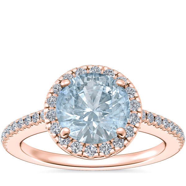 Classic Halo Diamond Engagement Ring with Round Aquamarine in 14k Rose Gold (8mm)