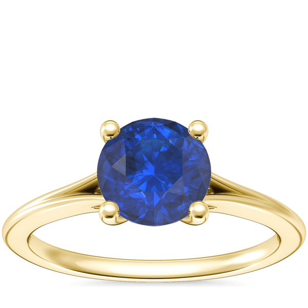 Petite Split Shank Solitaire Engagement Ring with Round Sapphire in 14k Yellow Gold (6mm)
