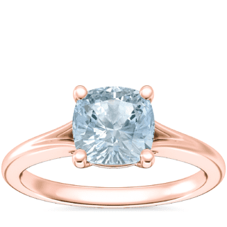 Petite Split Shank Solitaire Engagement Ring with Cushion Aquamarine in 14k Rose Gold (6.5mm)