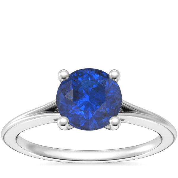 Petite Split Shank Solitaire Engagement Ring with Round Sapphire in 18k White Gold (6mm)