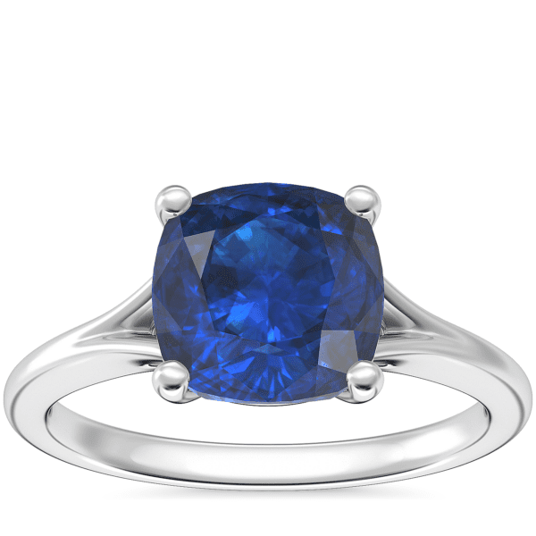 Petite Split Shank Solitaire Engagement Ring with Cushion Sapphire in 18k White Gold (8mm)