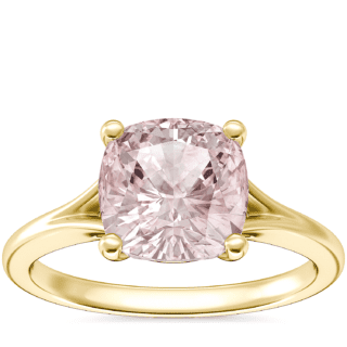 Petite Split Shank Solitaire Engagement Ring with Cushion Morganite in 18k Yellow Gold (8mm)