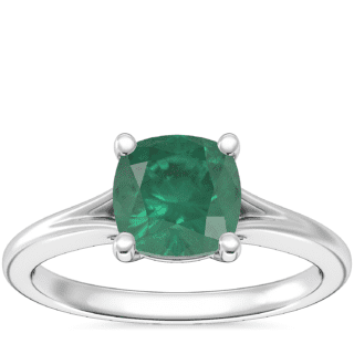 Petite Split Shank Solitaire Engagement Ring with Cushion Emerald in Platinum (6.5mm)