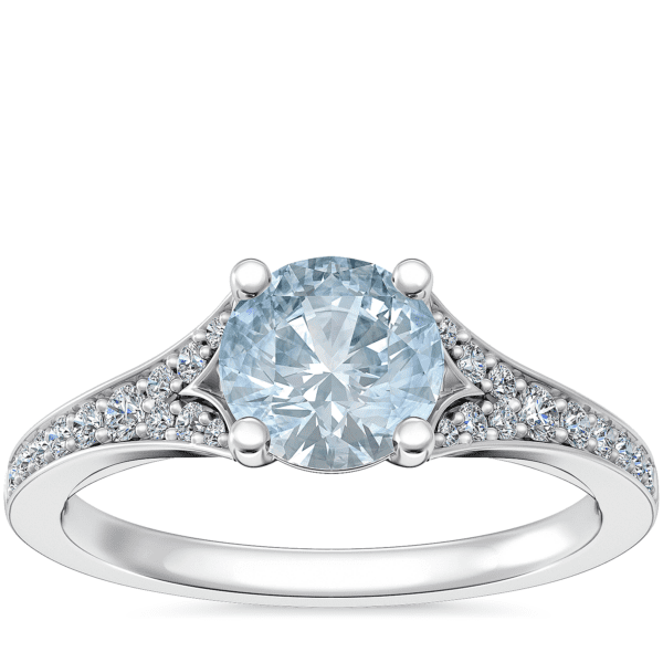Petite Split Shank Pave Cathedral Engagement Ring with Round Aquamarine in 14k White Gold (6.5mm)