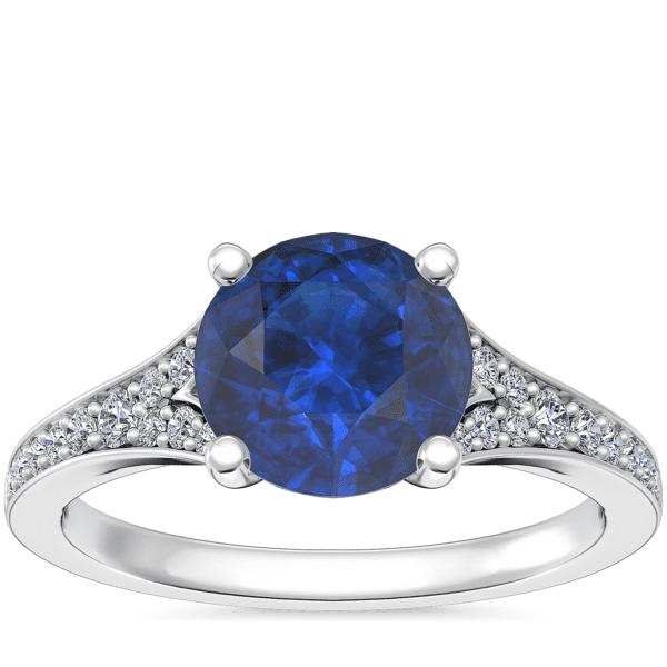Petite Split Shank Pave Cathedral Engagement Ring with Round Sapphire in 14k White Gold (8mm)