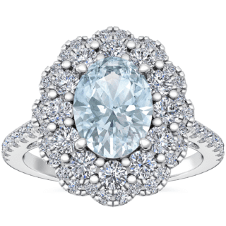Vintage Diamond Halo Engagement Ring with Oval Aquamarine in 14k White Gold (8x6mm)