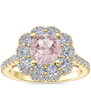 Vintage Diamond Halo Engagement Ring with Cushion Morganite in 14k Yellow Gold (6.5mm)