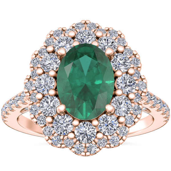 Vintage Diamond Halo Engagement Ring with Oval Emerald in 14k Rose Gold (7x5mm)