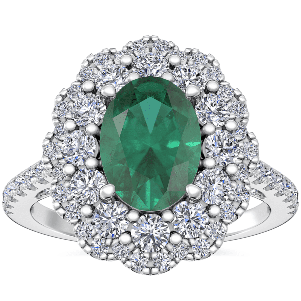 Vintage Diamond Halo Engagement Ring with Oval Emerald in Platinum (7x5mm)
