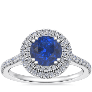 Micropave Double Halo Diamond Engagement Ring with Round Sapphire in 14k White Gold (6mm)