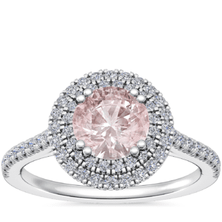 Micropave Double Halo Diamond Engagement Ring with Round Morganite in 14k White Gold (6.5mm)