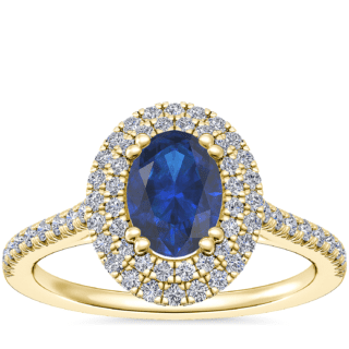 Micropave Double Halo Diamond Engagement Ring with Oval Sapphire in 14k Yellow Gold (7x5mm)