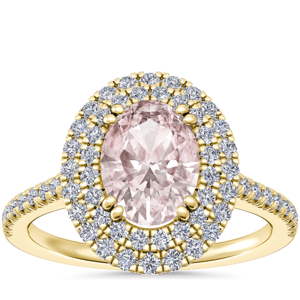 Micropave Double Halo Diamond Engagement Ring with Oval Morganite in 14k Yellow Gold (8x6mm)