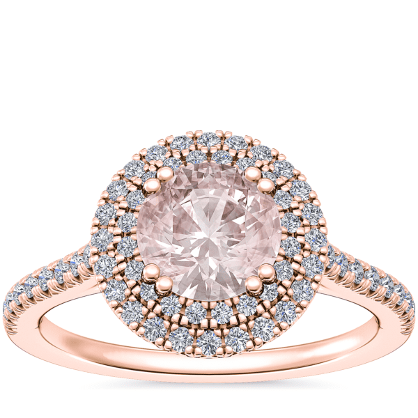 Micropave Double Halo Diamond Engagement Ring with Round Morganite in 14k Rose Gold (6.5mm)