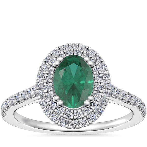 Micropave Double Halo Diamond Engagement Ring with Oval Emerald in Platinum (7x5mm)