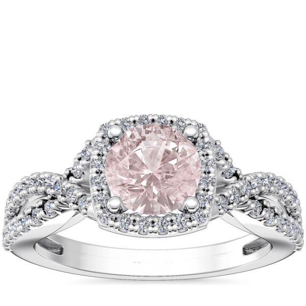 Twist Halo Diamond Engagement Ring with Round Morganite in 14k White Gold (6.5mm)