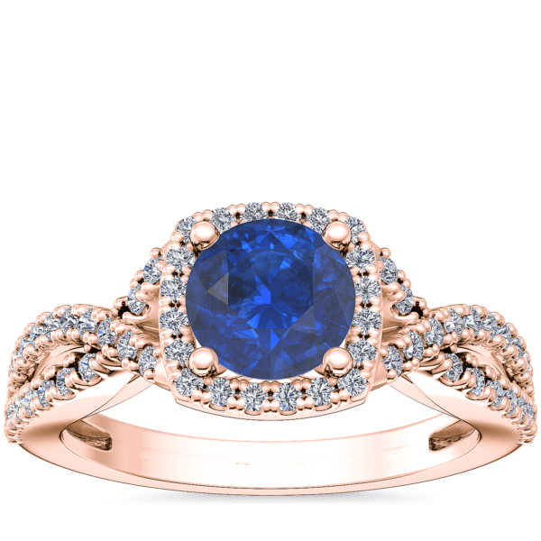 Twist Halo Diamond Engagement Ring with Round Sapphire in 14k Rose Gold (6mm)
