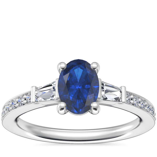 Tapered Baguette Diamond Cathedral Engagement Ring with Oval Sapphire in 14k White Gold (7x5mm)