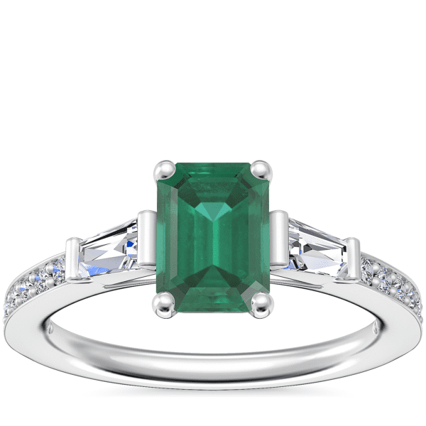 Tapered Baguette Diamond Cathedral Engagement Ring with Emerald-Cut Emerald in 14k White Gold (7x5mm)