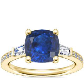 Tapered Baguette Diamond Cathedral Engagement Ring with Cushion Sapphire in 14k Yellow Gold (8mm)