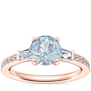 Tapered Baguette Diamond Cathedral Engagement Ring with Round Aquamarine in 14k Rose Gold (6.5mm)