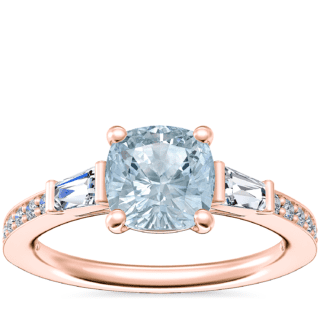 Tapered Baguette Diamond Cathedral Engagement Ring with Cushion Aquamarine in 14k Rose Gold (6.5mm)
