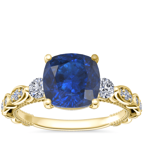 Floral Ellipse Diamond Cathedral Engagement Ring with Cushion Sapphire in 14k Yellow Gold (8mm)