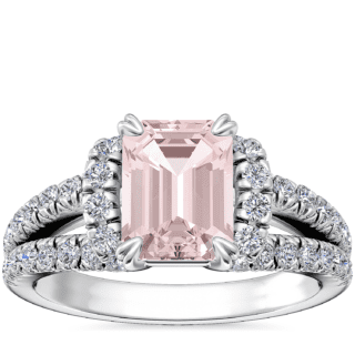 Split Semi Halo Diamond Engagement Ring with Emerald-Cut Morganite in 14k White Gold (8x6mm)