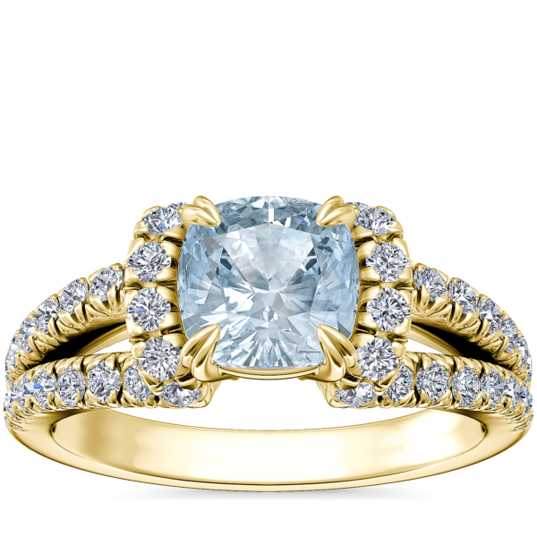 Split Semi Halo Diamond Engagement Ring with Cushion Aquamarine in 14k Yellow Gold (6.5mm)
