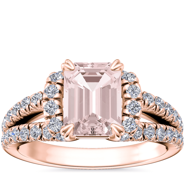 Split Semi Halo Diamond Engagement Ring with Emerald-Cut Morganite in 14k Rose Gold (8x6mm)