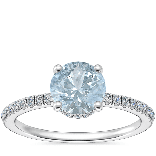 Petite Micropave Hidden Halo Engagement Ring with Round Aquamarine in 14k White Gold (6.5mm)