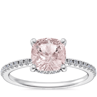 Petite Micropave Hidden Halo Engagement Ring with Cushion Morganite in 14k White Gold (6.5mm)