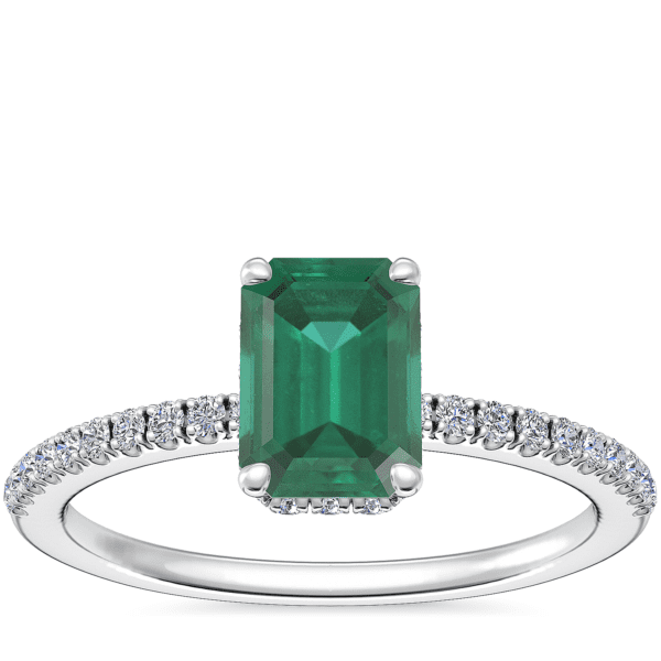 Petite Micropave Hidden Halo Engagement Ring with Emerald-Cut Emerald in 14k White Gold (7x5mm)