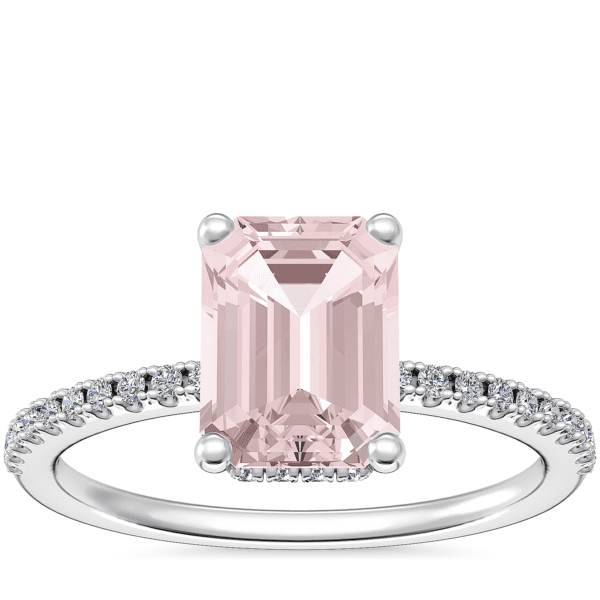 Petite Micropave Hidden Halo Engagement Ring with Emerald-Cut Morganite in 14k White Gold (8x6mm)