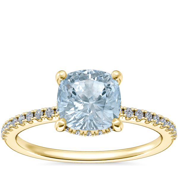 Petite Micropave Hidden Halo Engagement Ring with Cushion Aquamarine in 14k Yellow Gold (6.5mm)