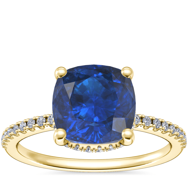 Petite Micropave Hidden Halo Engagement Ring with Cushion Sapphire in 14k Yellow Gold (8mm)