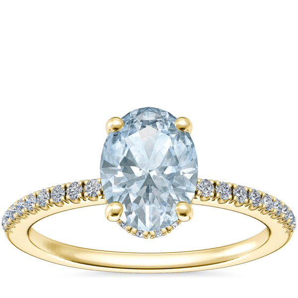 Petite Micropave Hidden Halo Engagement Ring with Oval Aquamarine in 14k Yellow Gold (8x6mm)